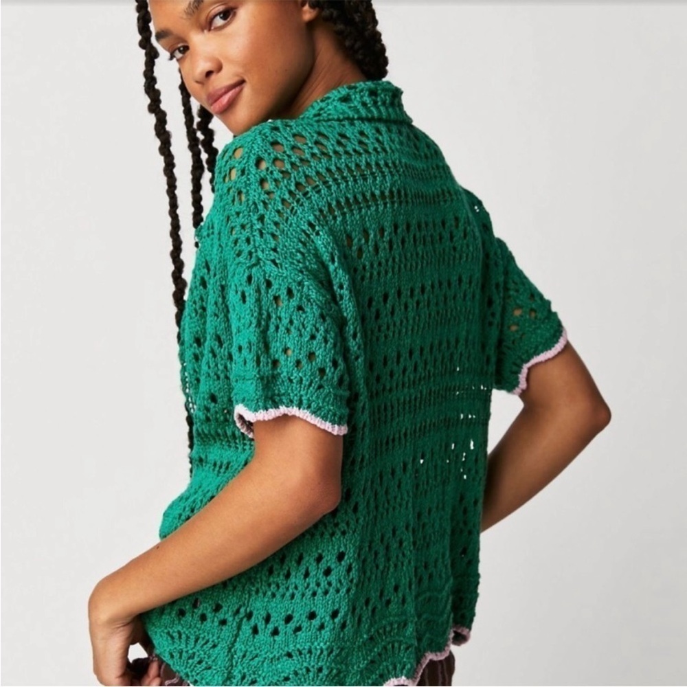 FREE PEOPLE Santa Cruz Club Shirt Golf Green Pink Combo Crochet Grannycore XS - Picture 3 of 16